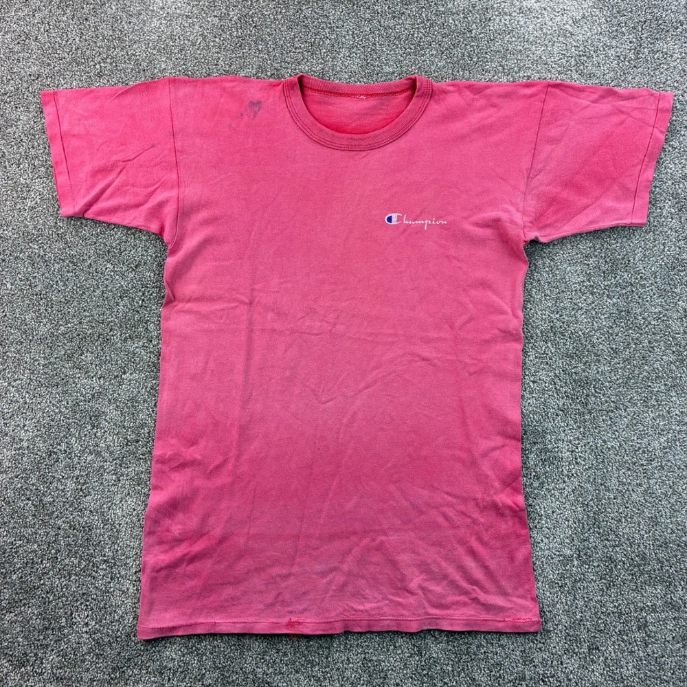 Vintage 70s Champion Shirt Mens Large Pink Faded Red Chest Logo Blank